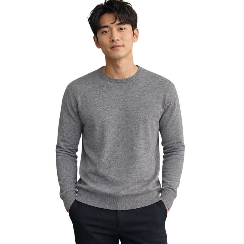 Muji Gray 100% Fine Wool Crew Neck Long Sleeve Sweater Men Size Large
